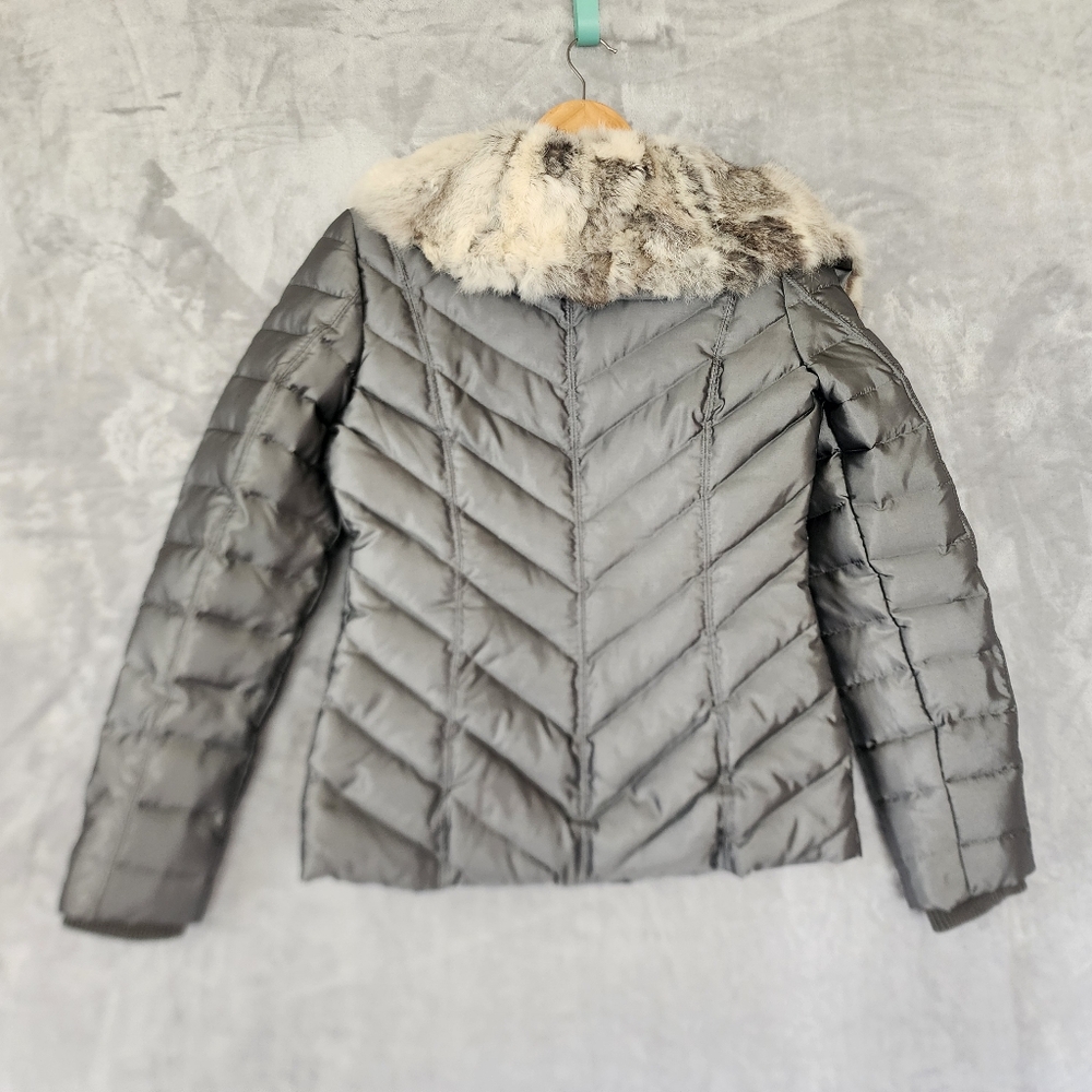 bebe Down Puffer Jacket Womens Small Rabbit Fur Collar Silver Gray Coat Y2K - Picture 4 of 11
